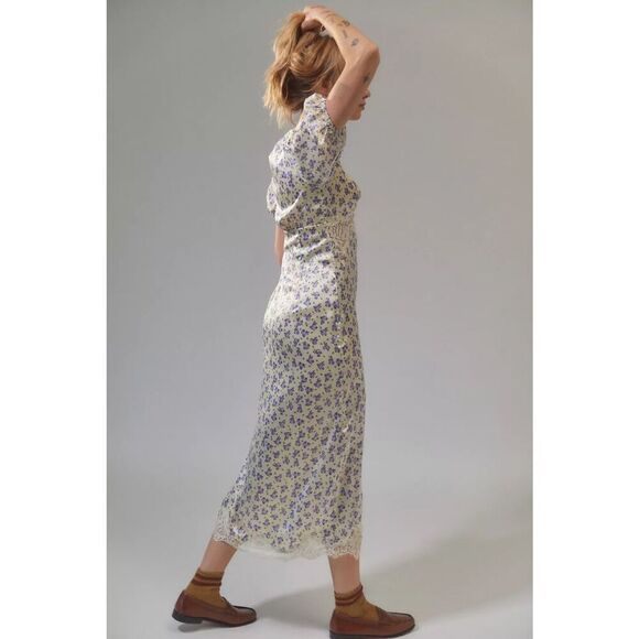 Urban Outfitters UO Lauren Lace-Trim Floral Midi Dress size L Cream Blue Ditsy B - Picture 4 of 14